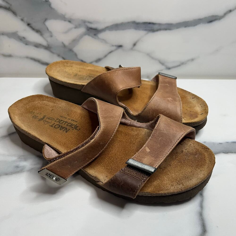 NAOT Women's Brown Hook & Loop Comfort Strappy Slides Jackey Sandals Sz 38 Sz 7